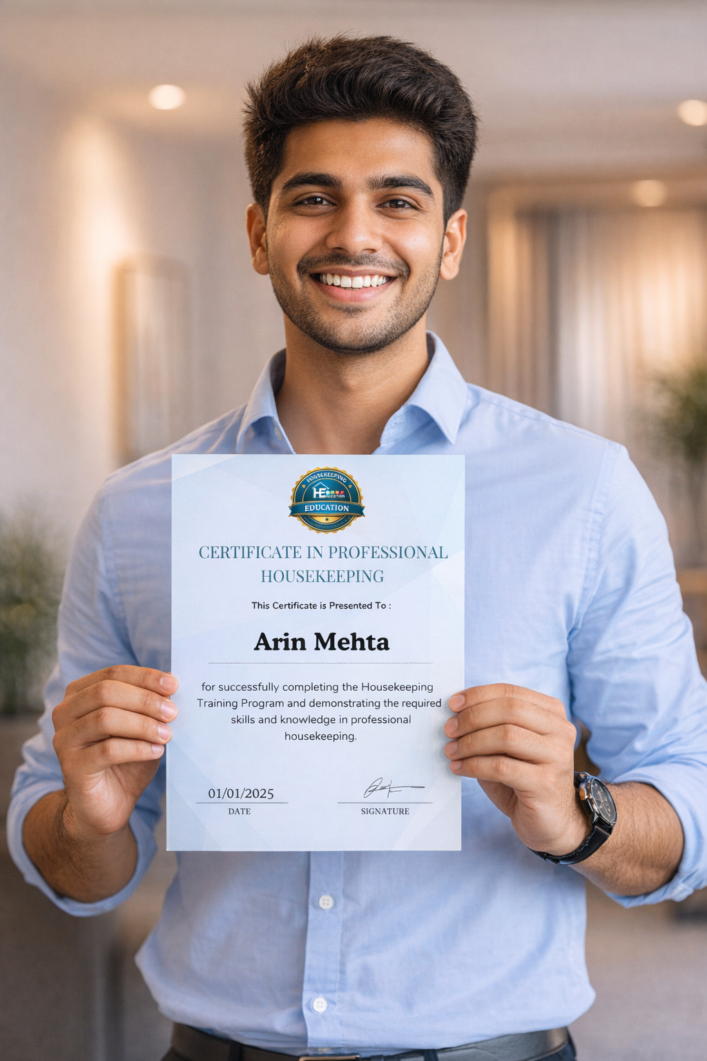 Happy student holding Housekeeping Education certificate